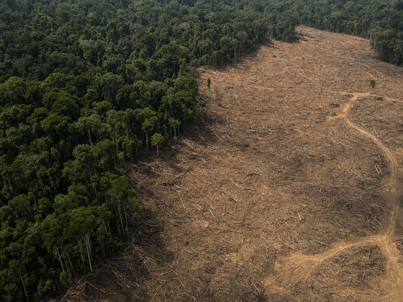 Aerial photograph of tropical deforestation — cleared land bordering intact rainforest canopy